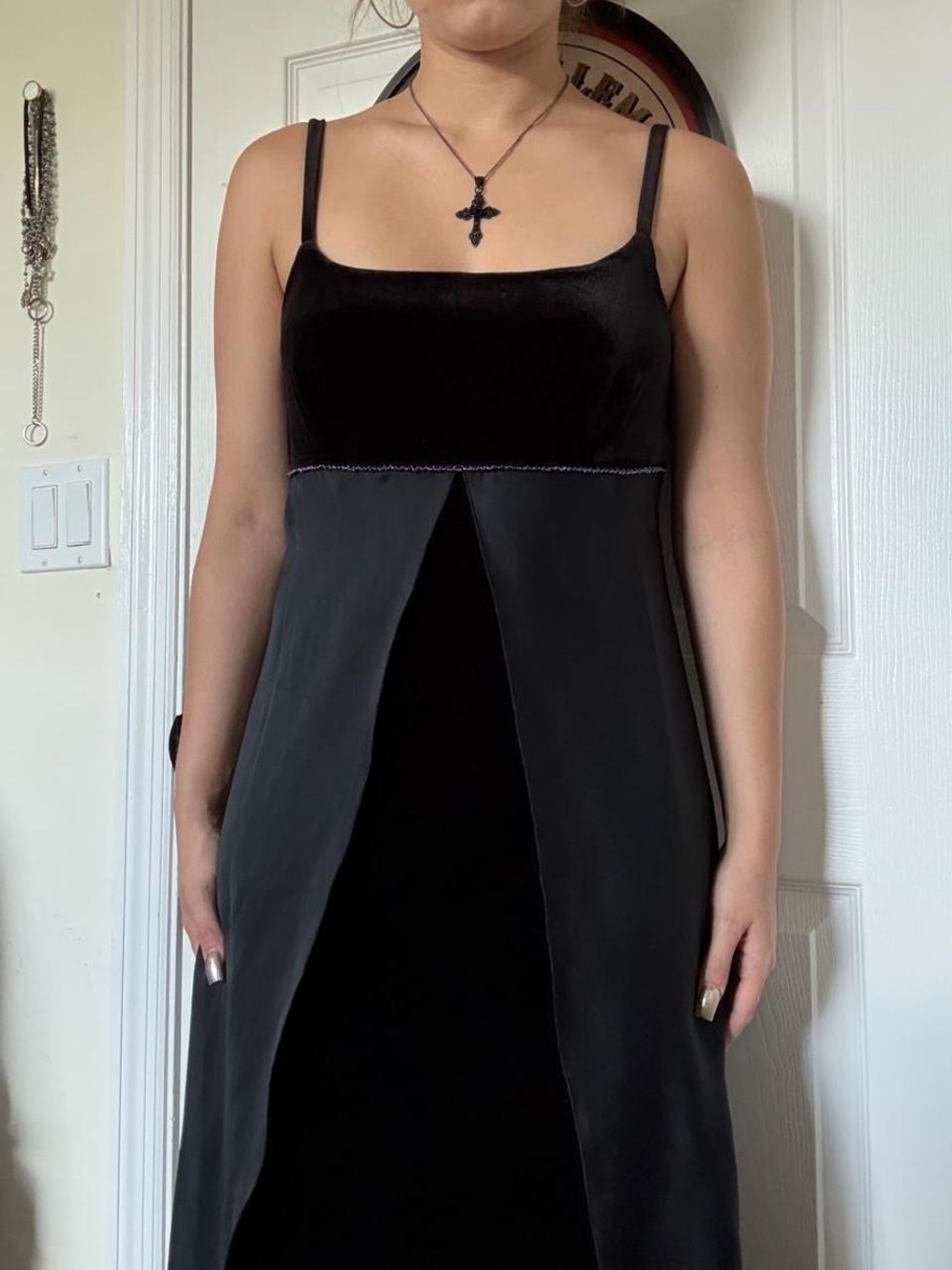 Black Velvet & Satin Slip Dress with Front Panel
